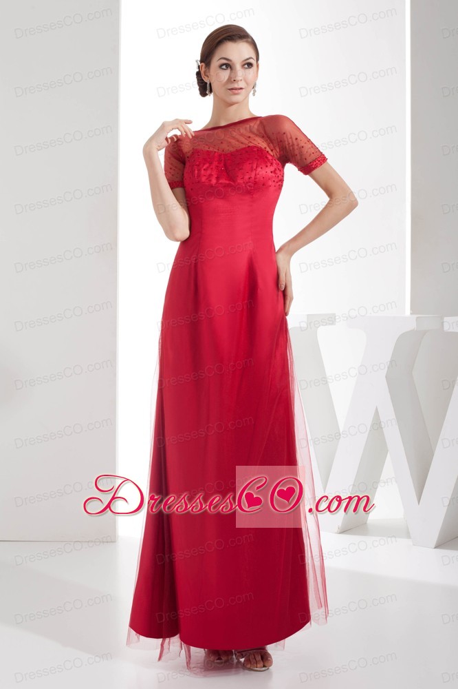 Scoop Ankle-length Empire Sequins Red Prom Dress With Short Sleeves