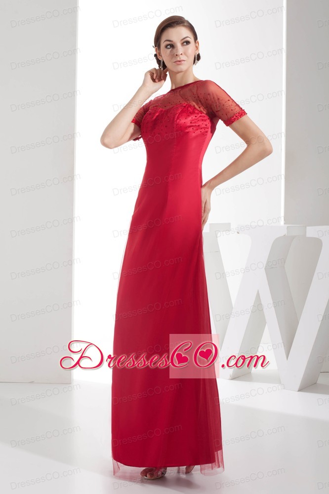 Scoop Ankle-length Empire Sequins Red Prom Dress With Short Sleeves