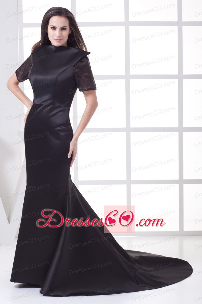 Black High-neck Short Sleeves Mermaid Chapel Train Prom Dress