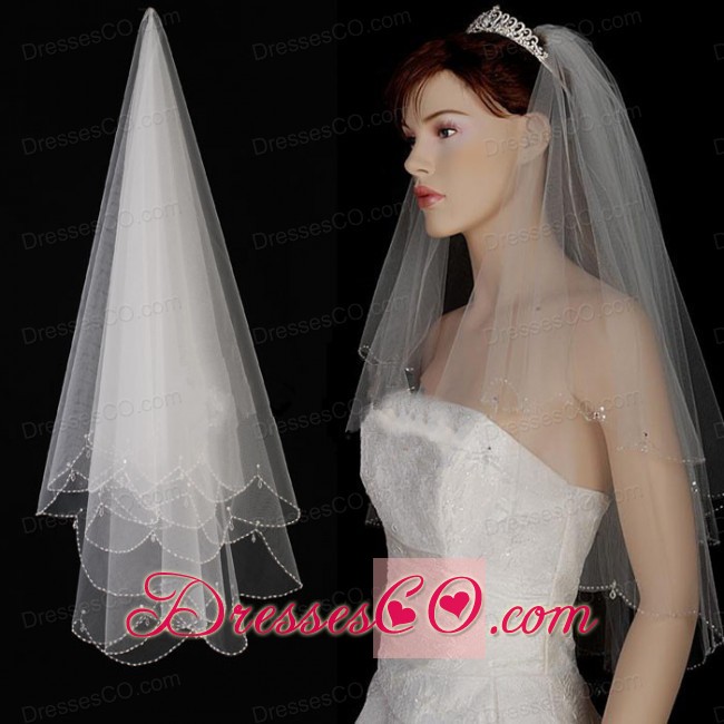 Two Layers Tulle With Pearls Fingertip Veil